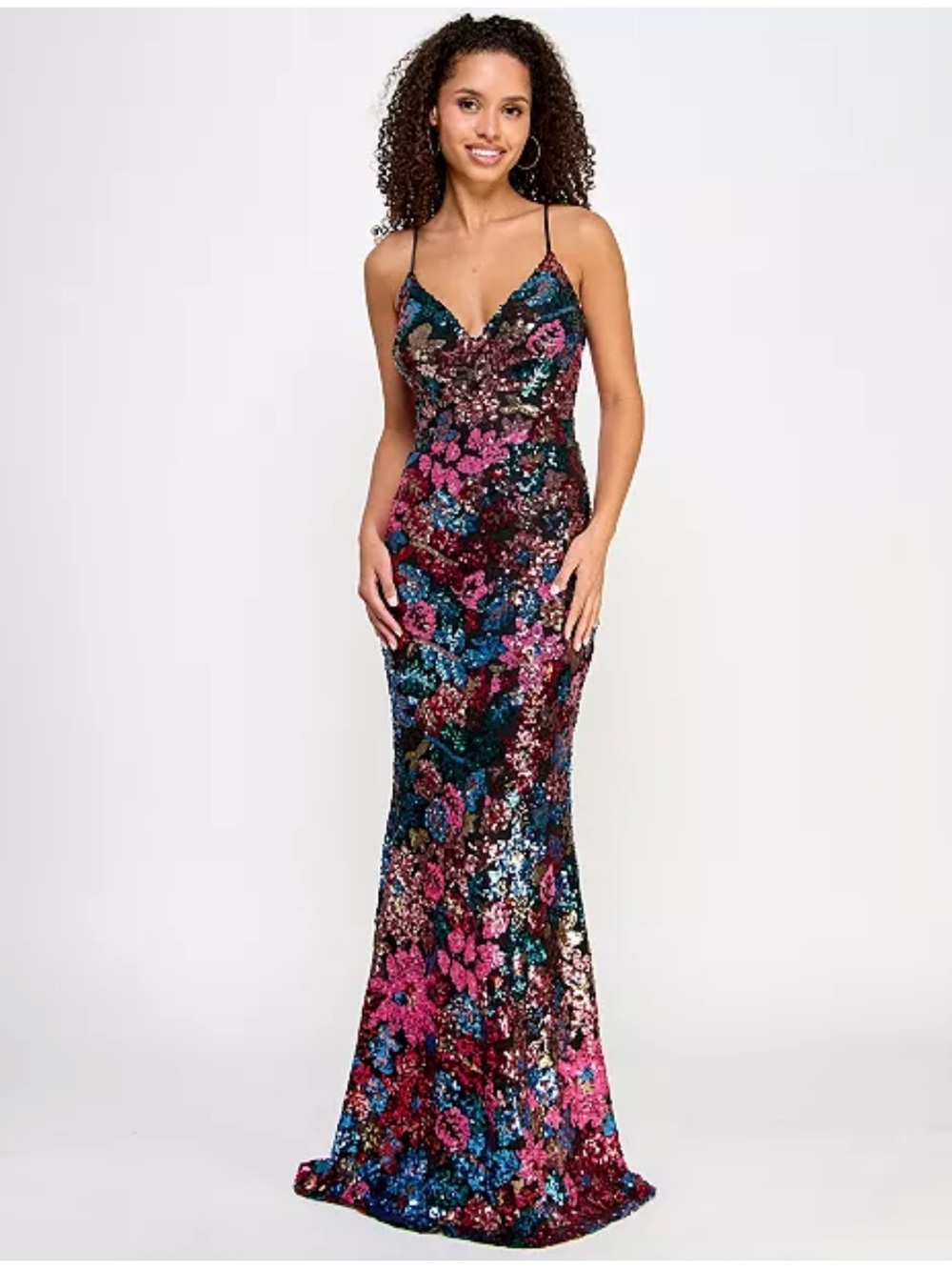 Crystal Doll Juniors' V-Neck Floral-Sequin Lace-Up-Back Gown